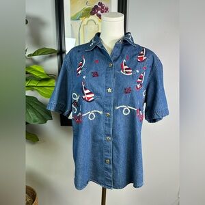 Vtg Tantrum Blues Denim Shirt Womens PS Nautical Sailboat Anchor Button Up Stars